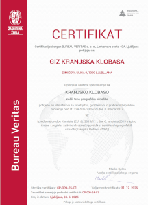 Certifikat KRANJSKA KLOBASA Certifikat KRANJSKA KLOBASA